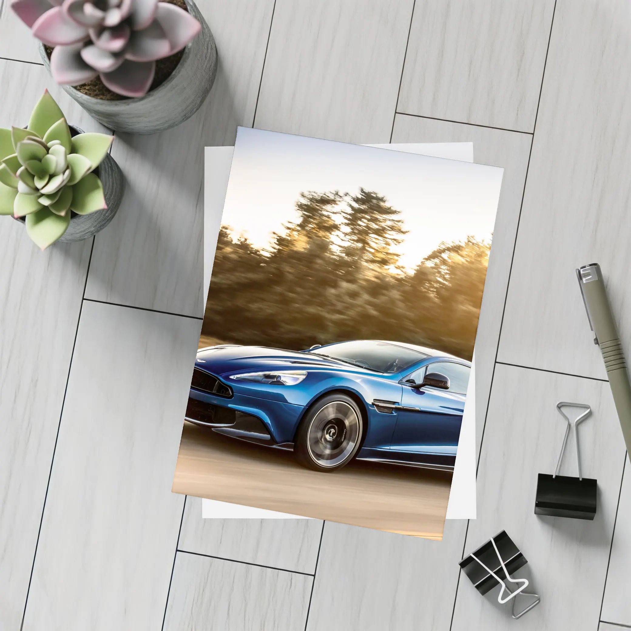 Aston Martin Vanquish Blue Speeding Road – Postcards