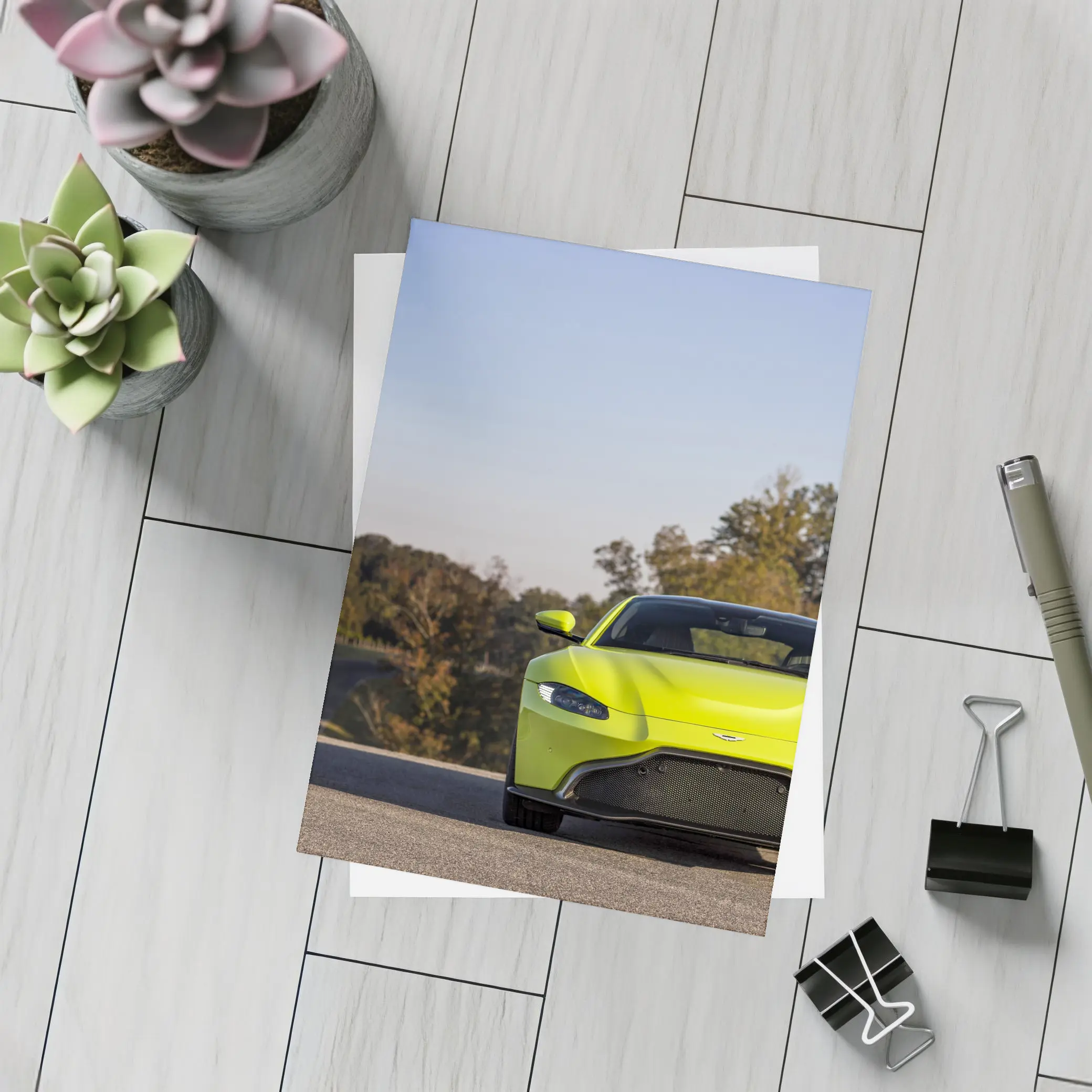 Aston Martin Vantage Lime Green Road Front – Postcards