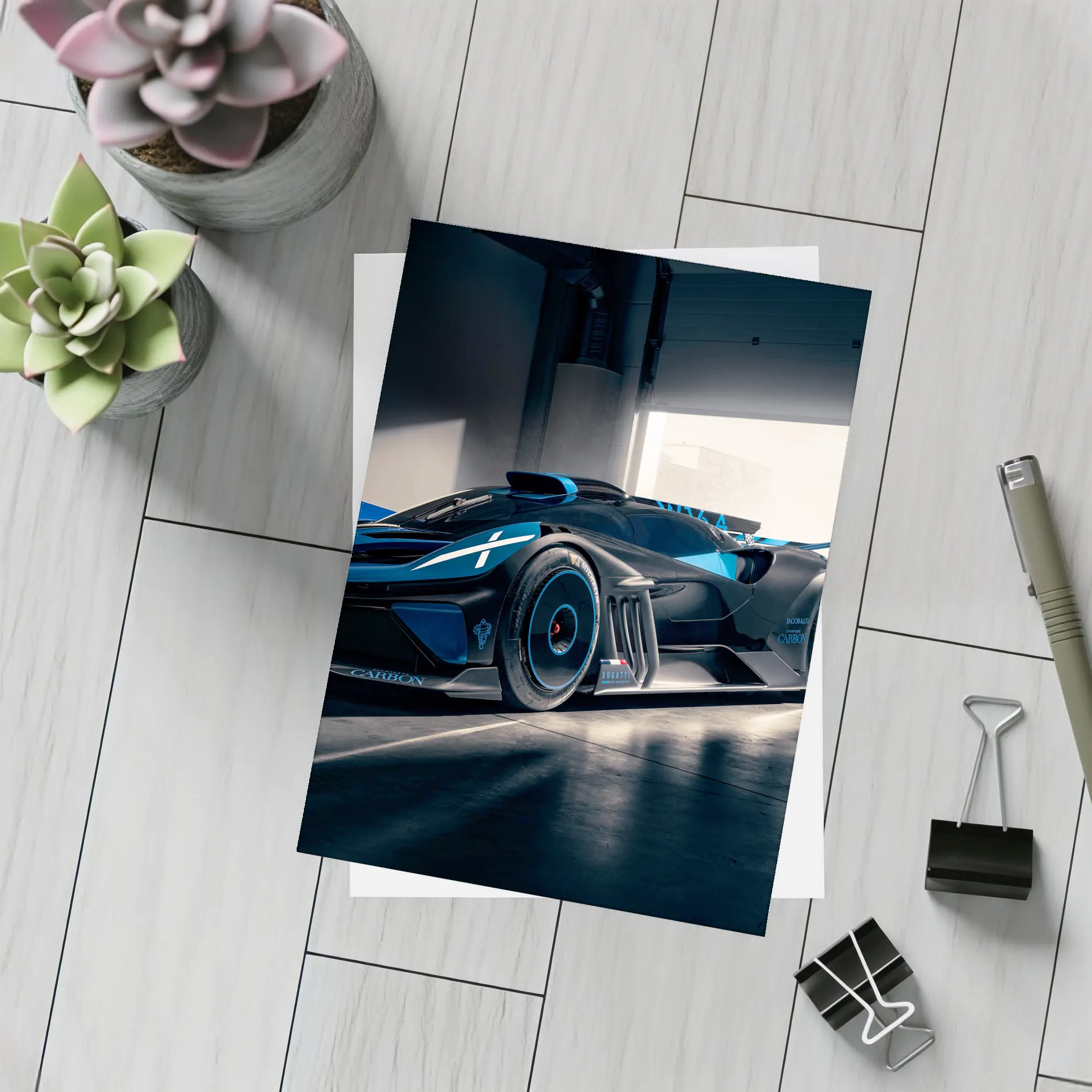 Bugatti Bolide Dark Blue Garage Setting – Postcards