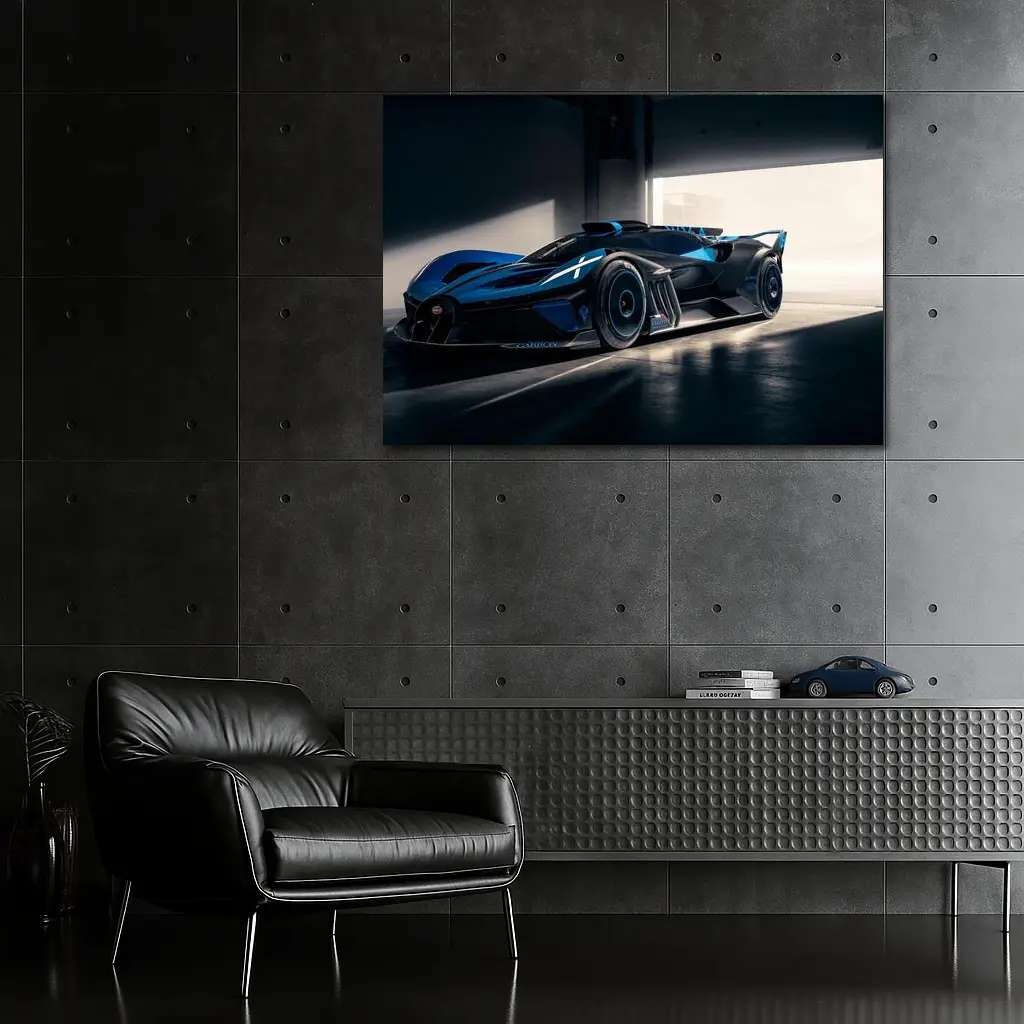 Bugatti Bolide Dark Blue Garage Setting – Wall Art