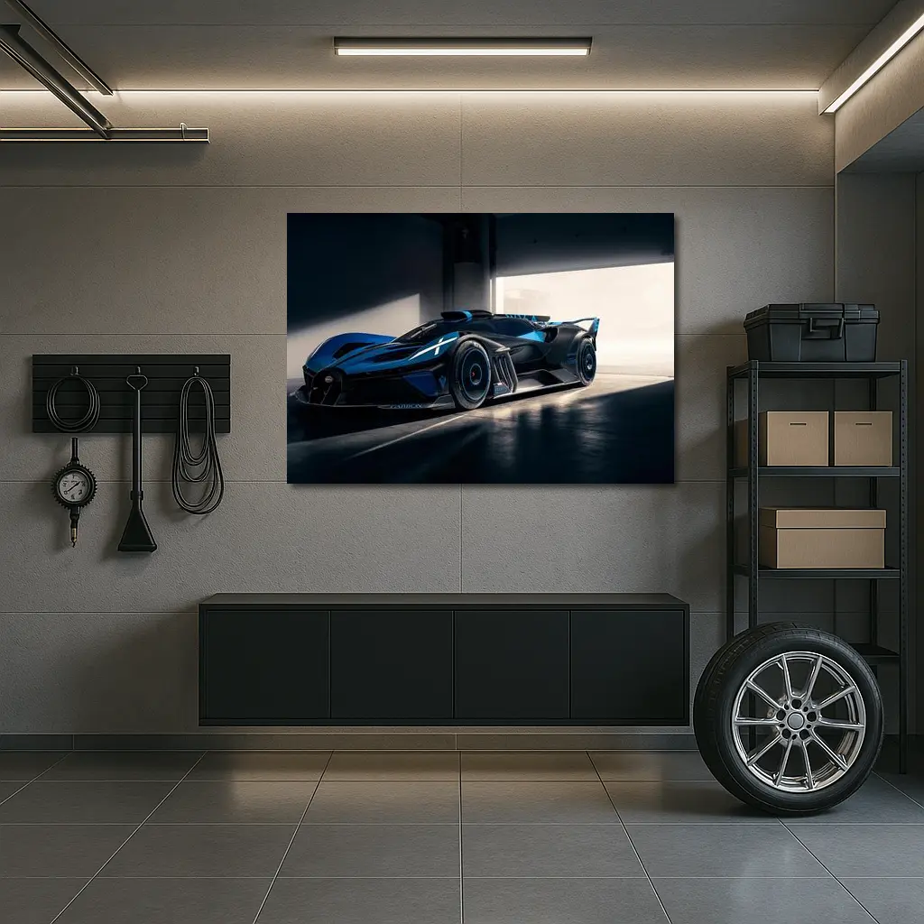 Bugatti Bolide Dark Blue Garage Setting – Wall Art