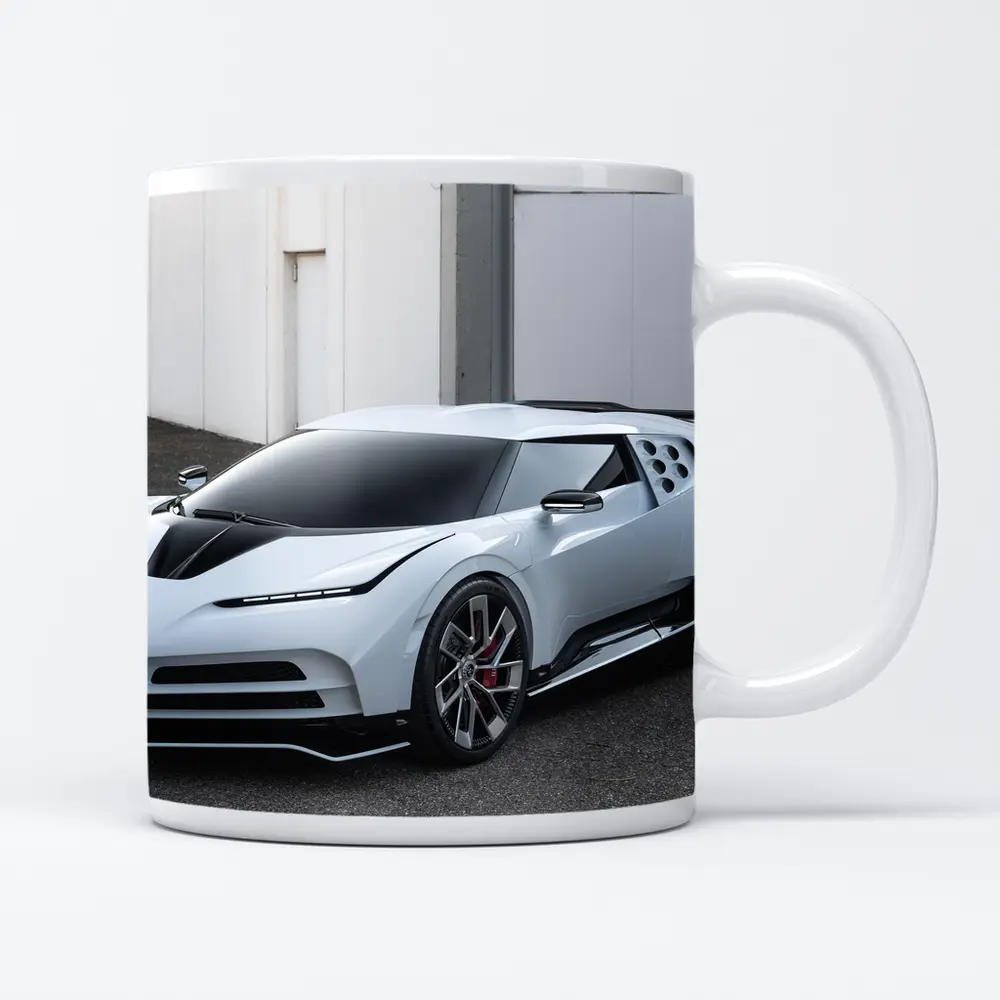 Bugatti Centodieci White Hypercar Parked Outside – Mugs