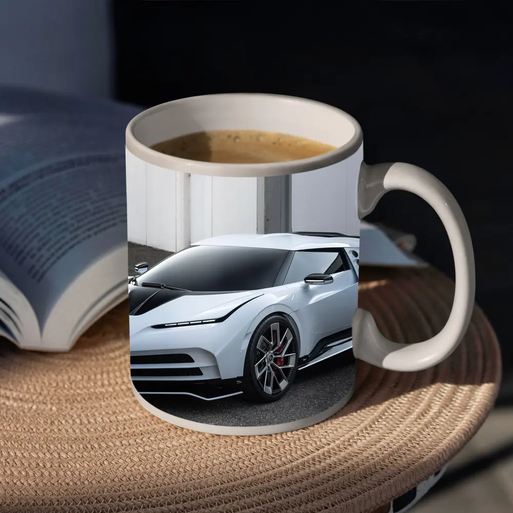 Bugatti Centodieci White Hypercar Parked Outside – Mugs