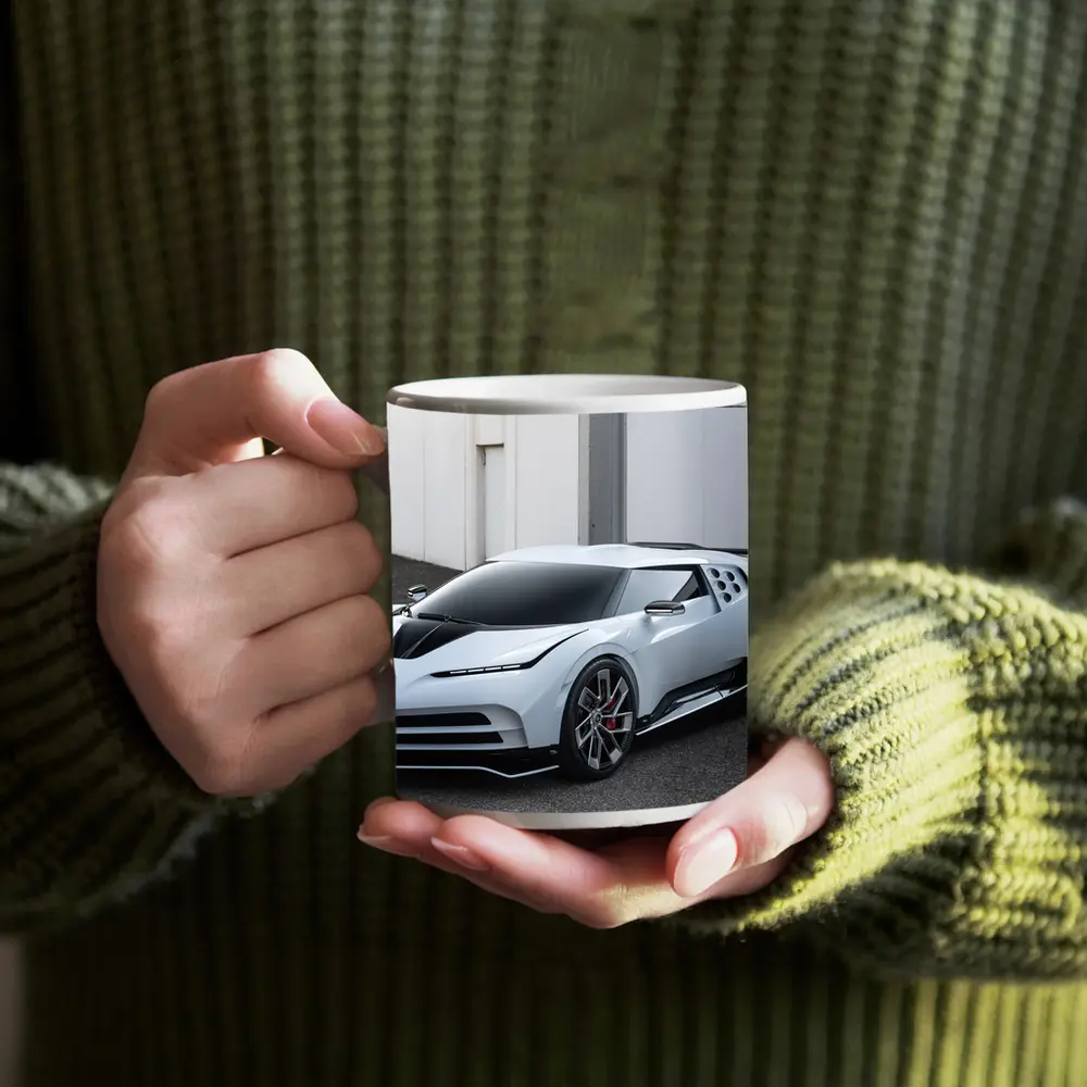 Bugatti Centodieci White Hypercar Parked Outside – Mugs