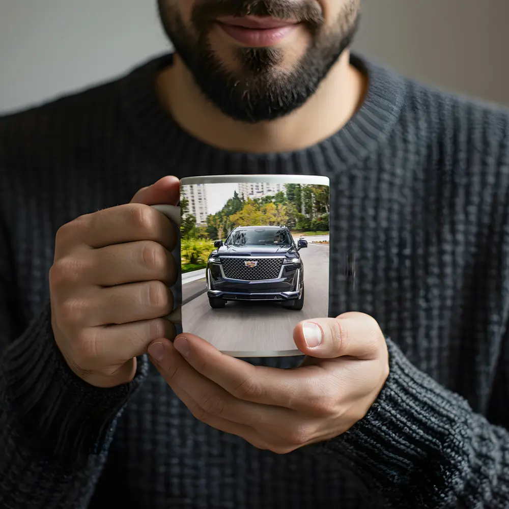Cadillac Escalade Driving City Street Front View – Mugs
