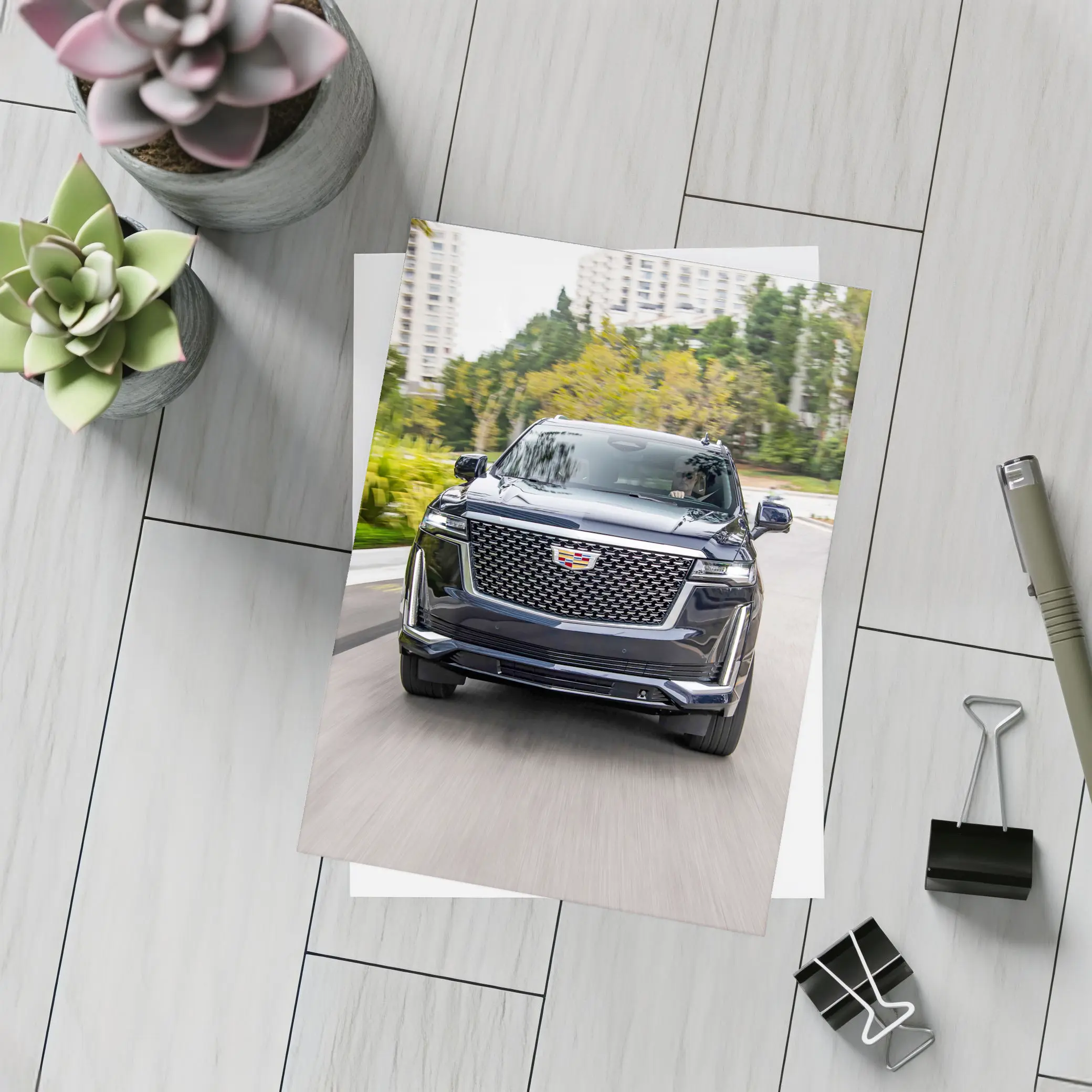 Cadillac Escalade Driving City Street Front View – Postcards
