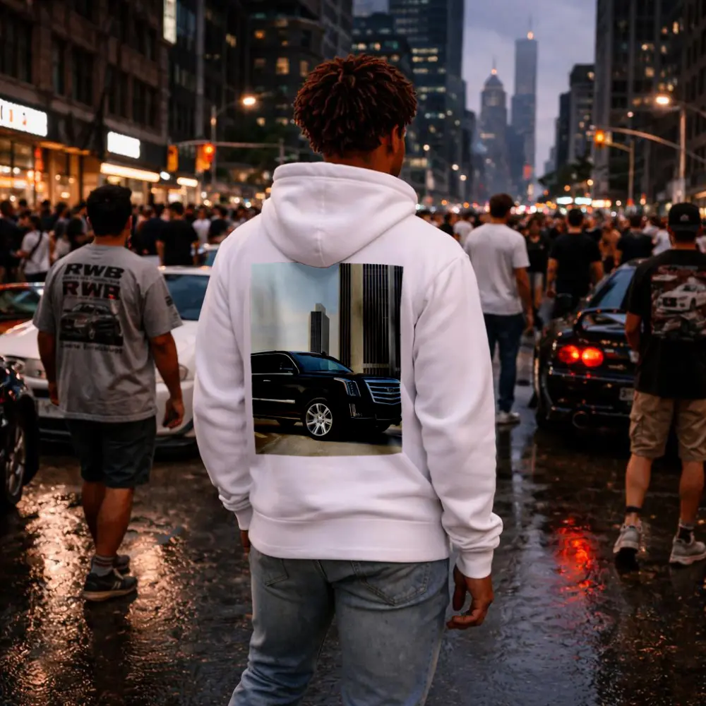 Cadillac Escalade Black SUV City Buildings – Hoodies