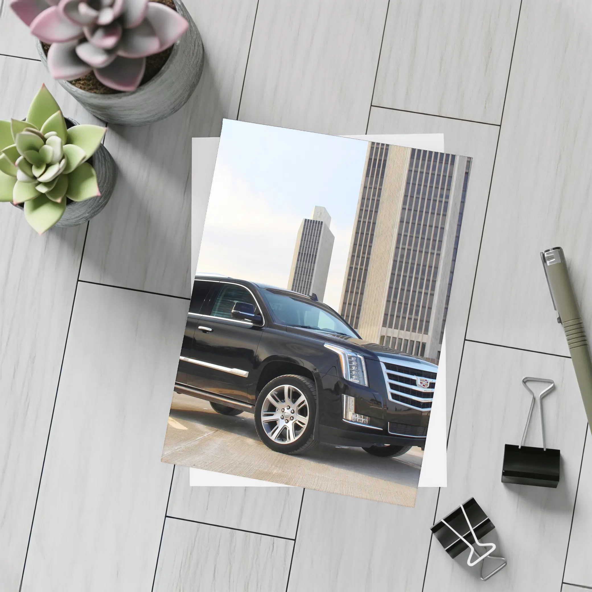 Cadillac Escalade Black SUV City Buildings – Postcards