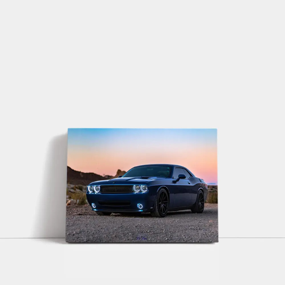 Dodge Challenger Blue Muscle Car Desert Sunset – Wall Art