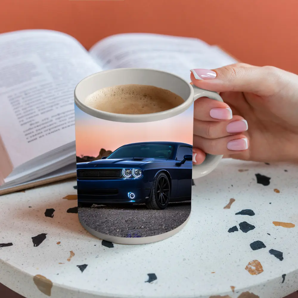 Dodge Challenger Blue Muscle Car Desert Sunset – Mugs
