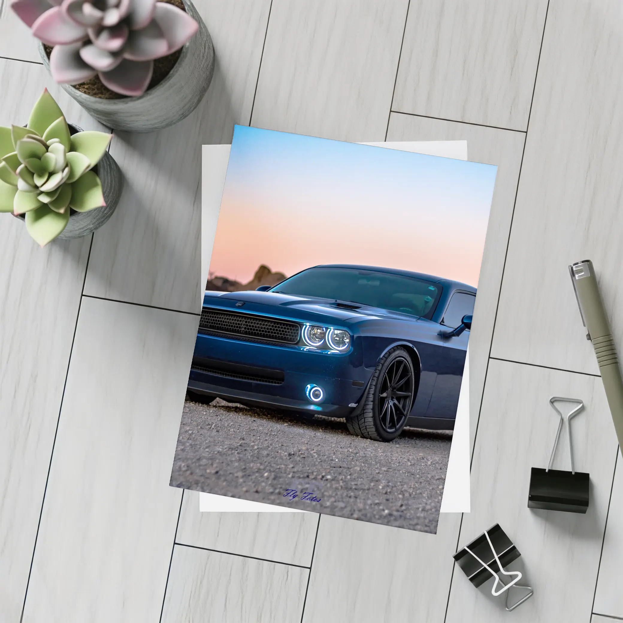 Dodge Challenger Blue Muscle Car Desert Sunset – Postcards
