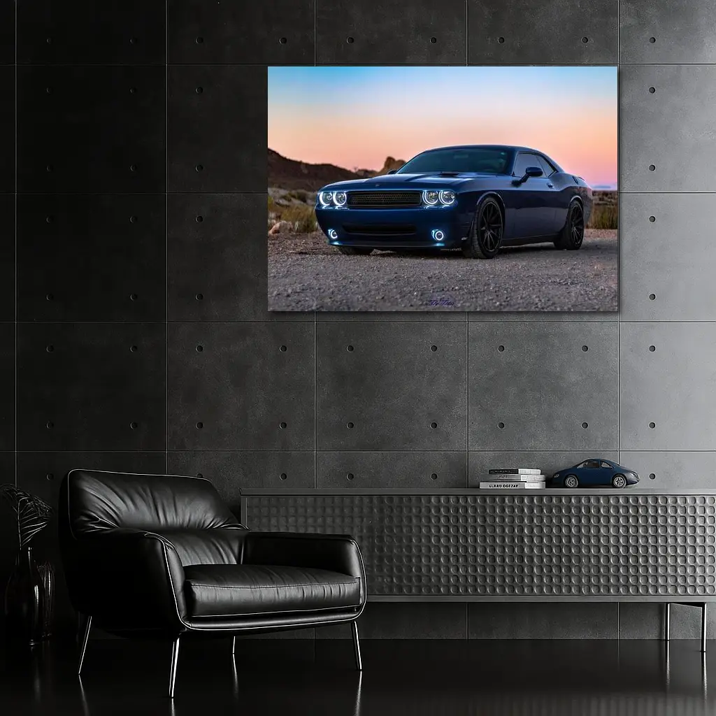 Dodge Challenger Blue Muscle Car Desert Sunset – Wall Art