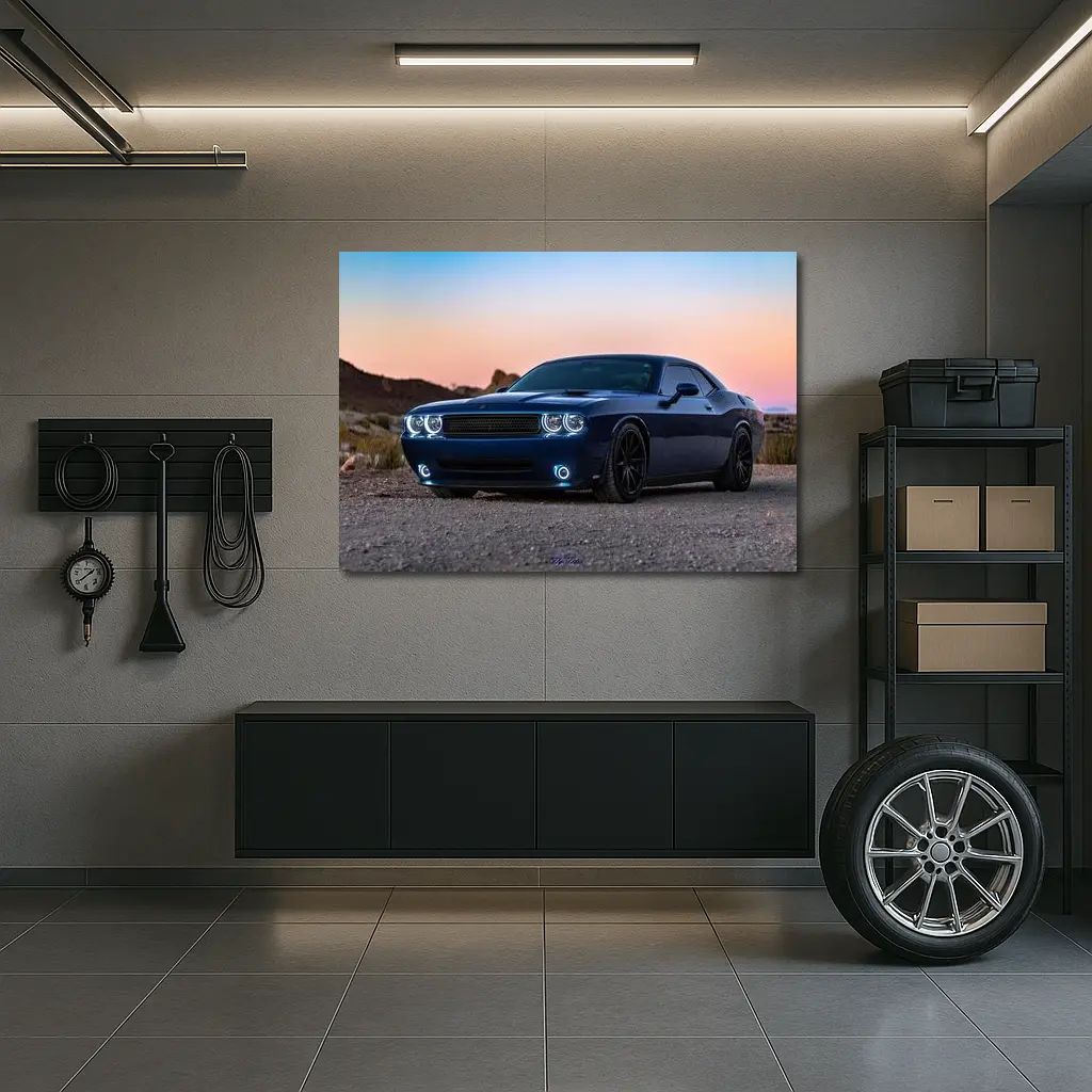Dodge Challenger Blue Muscle Car Desert Sunset – Wall Art