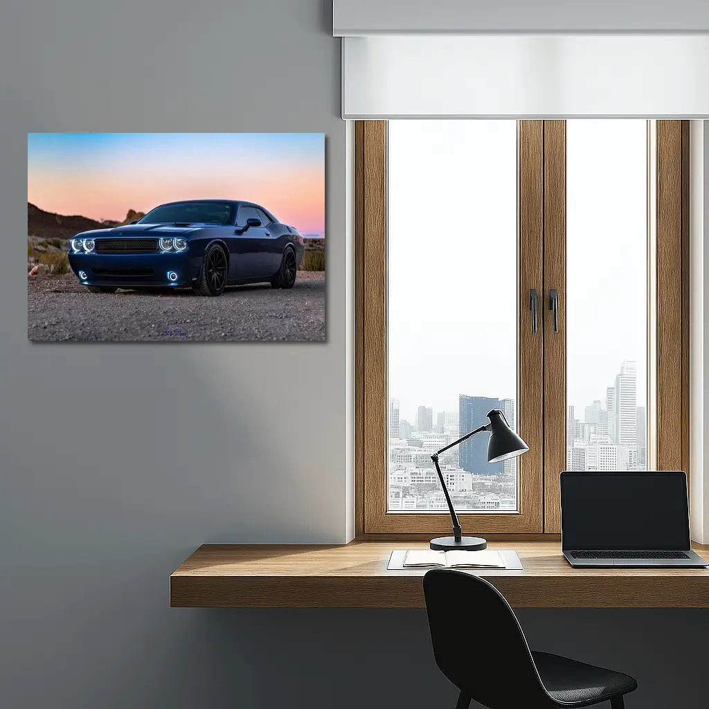 Dodge Challenger Blue Muscle Car Desert Sunset – Wall Art
