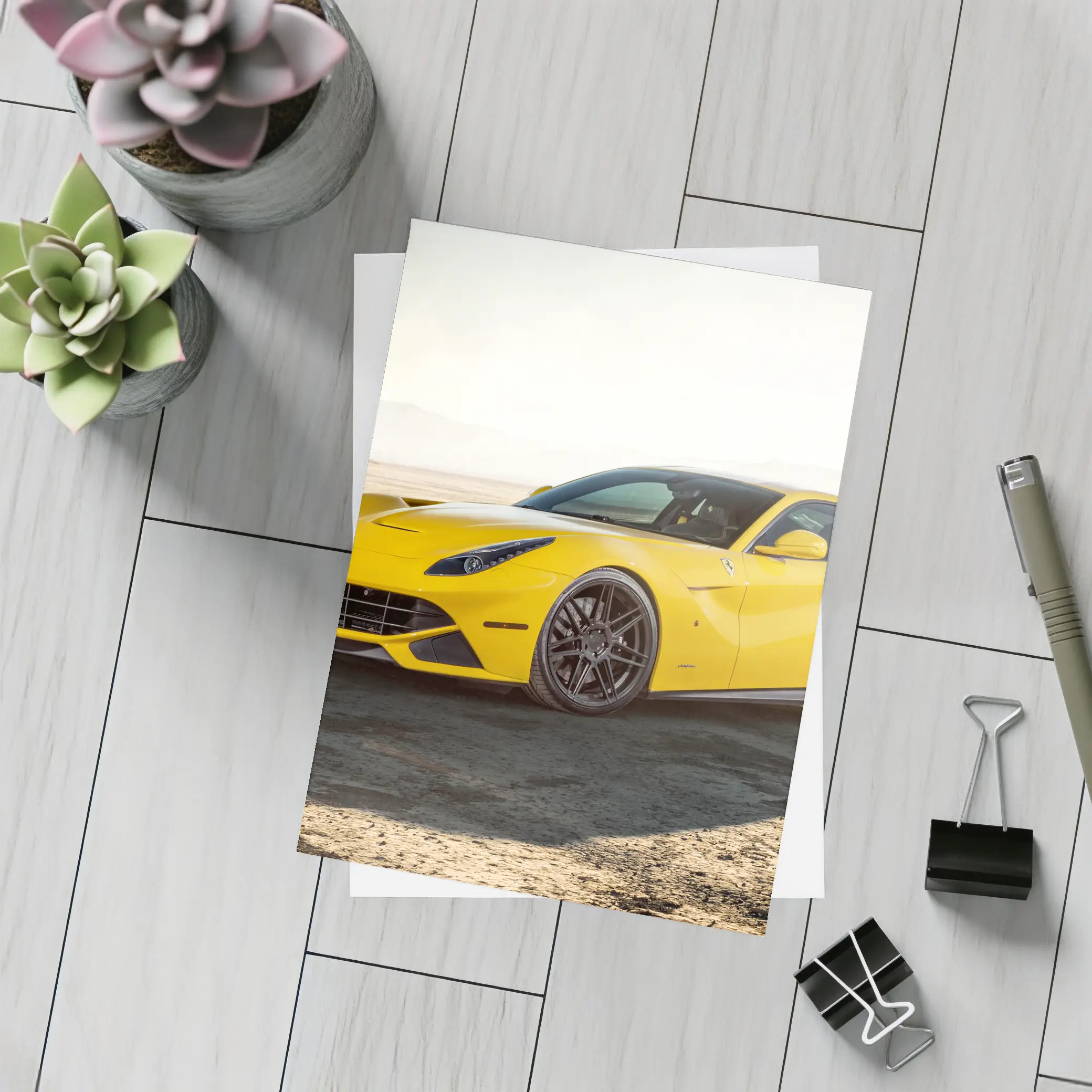 Yellow Ferrari F12 Desert Dry Lake – Postcards