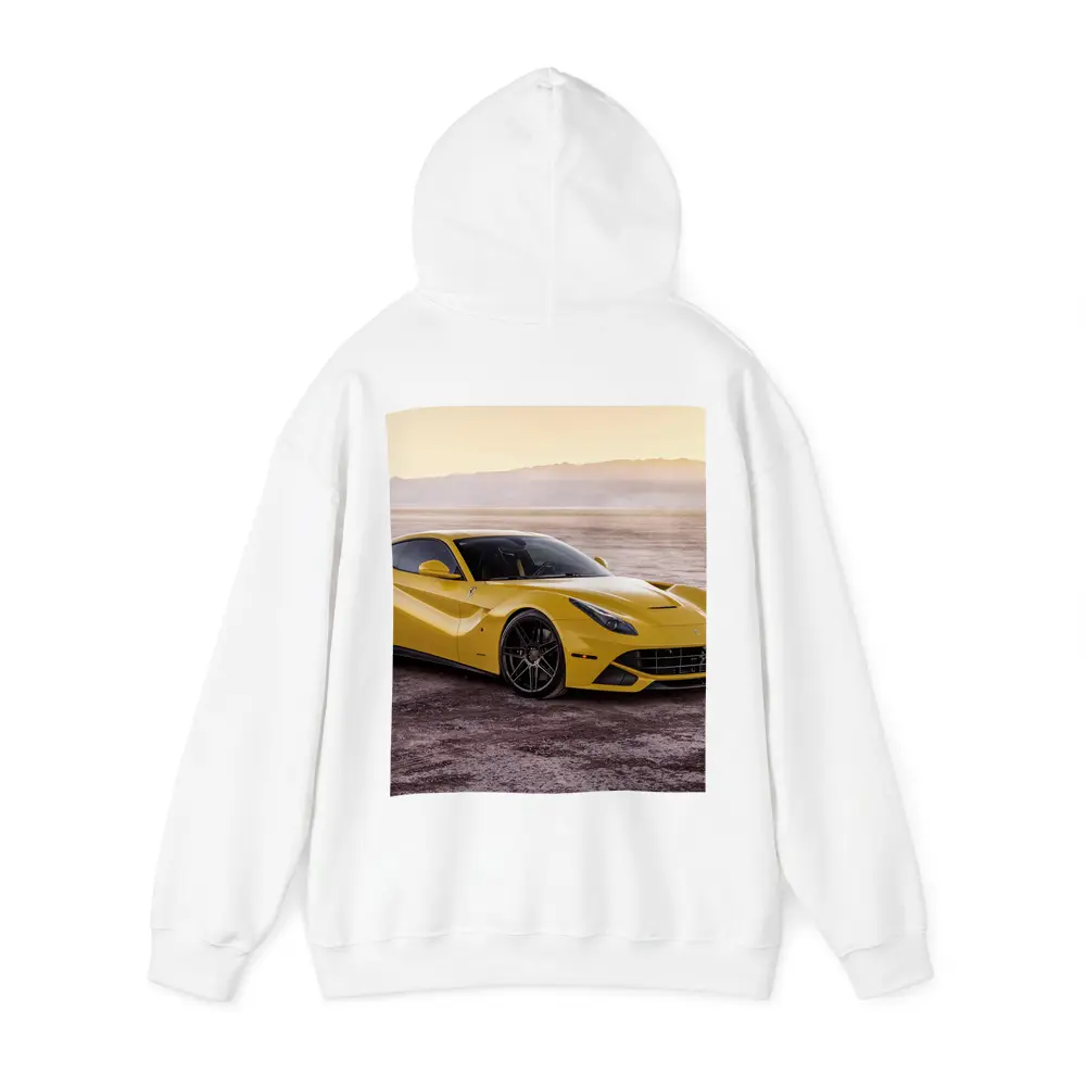 Yellow Ferrari F12 Desert Flat Landscape – Hoodies
