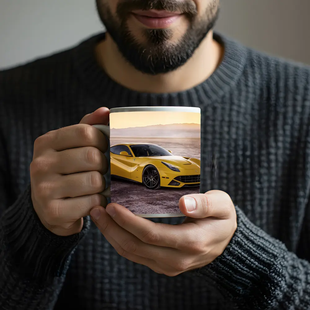 Yellow Ferrari F12 Desert Flat Landscape – Mugs