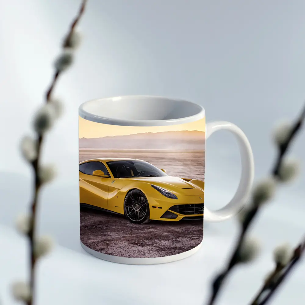 Yellow Ferrari F12 Desert Flat Landscape – Mugs