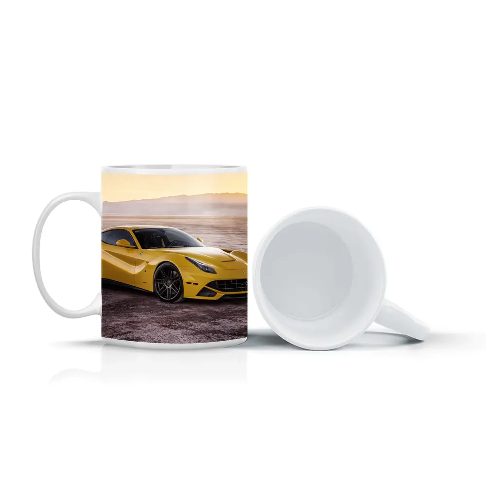 Yellow Ferrari F12 Desert Flat Landscape – Mugs