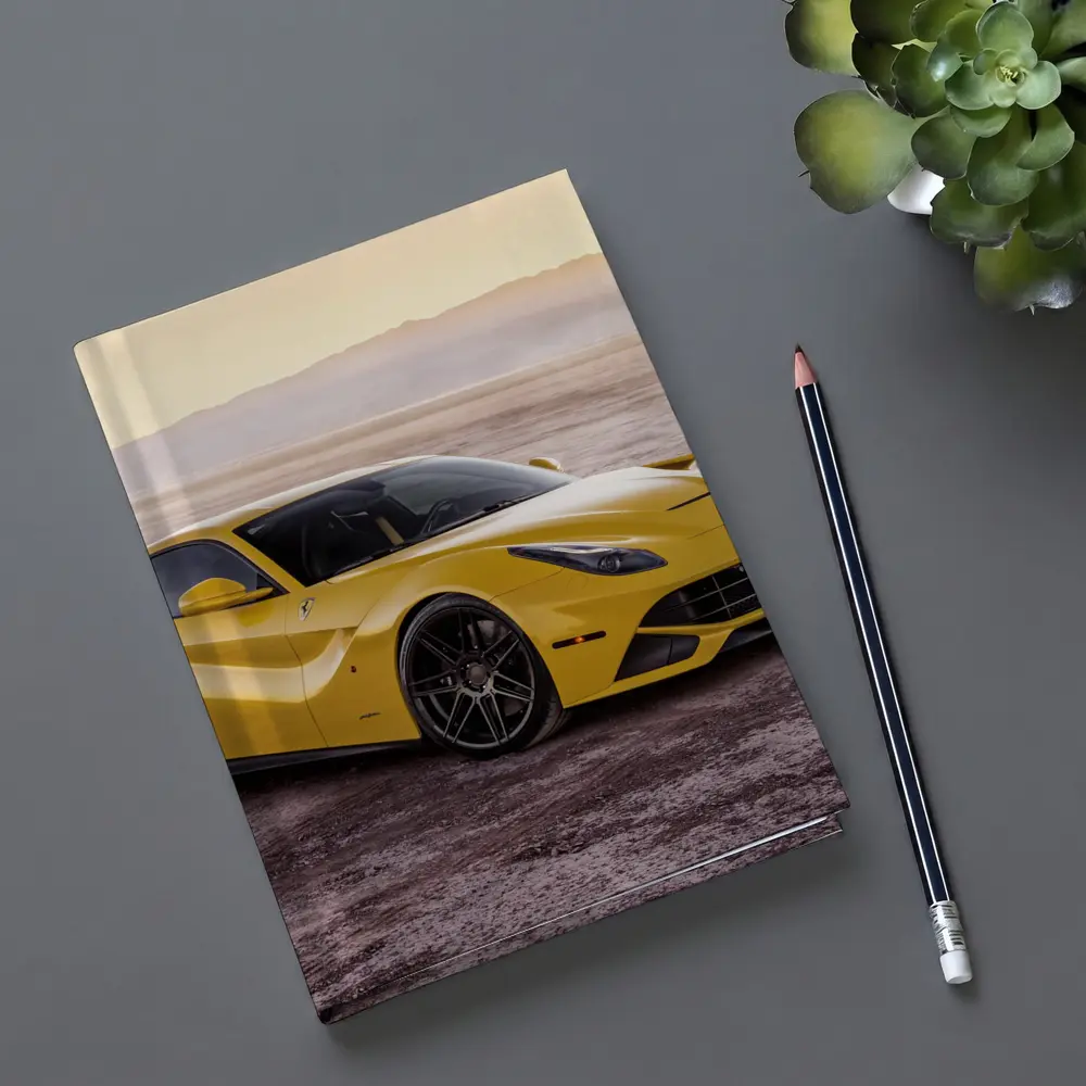 Yellow Ferrari F12 Desert Flat Landscape – Notebooks