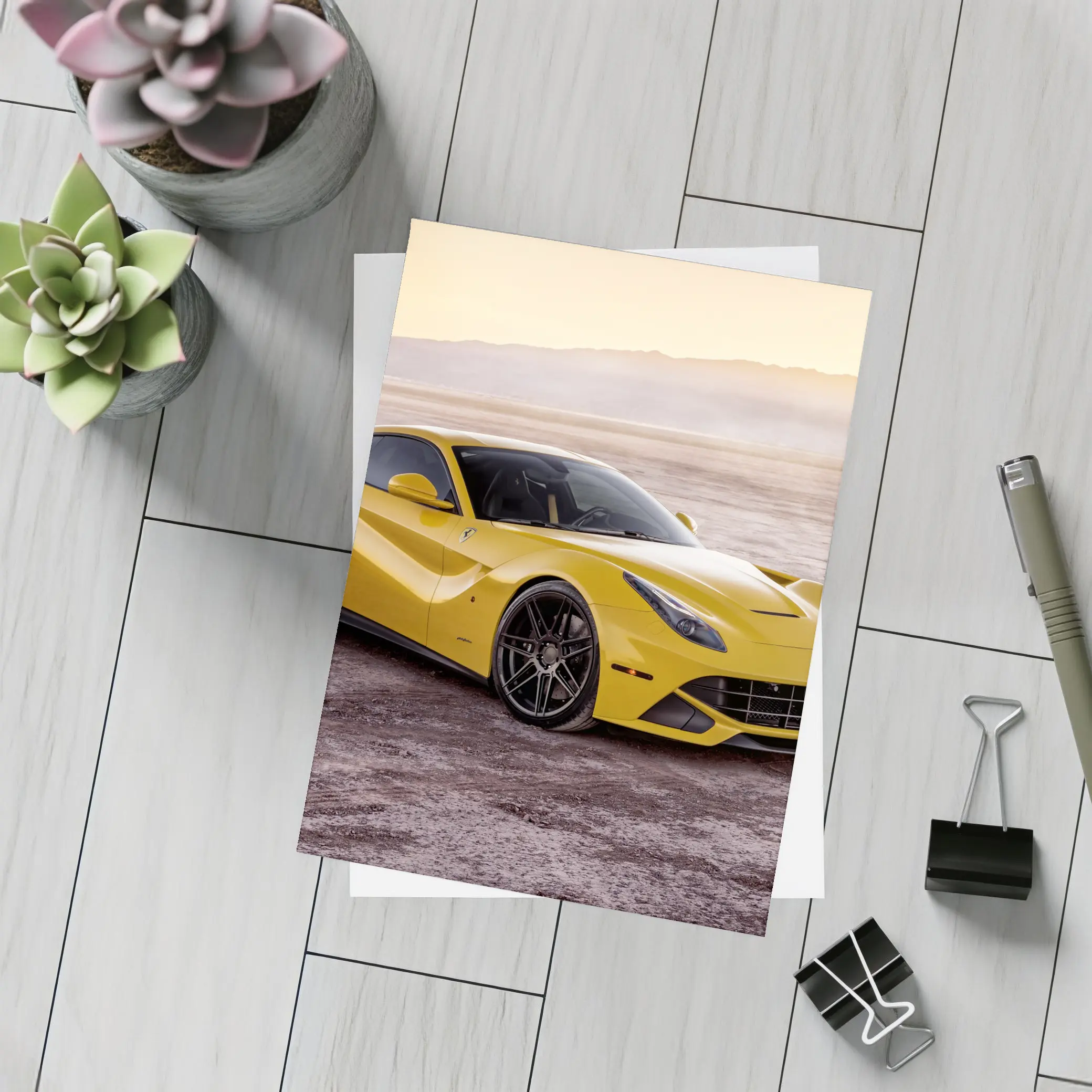 Yellow Ferrari F12 Desert Flat Landscape – Postcards