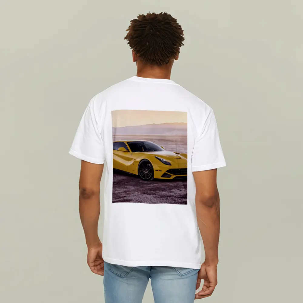 Yellow Ferrari F12 Desert Flat Landscape – T-Shirts