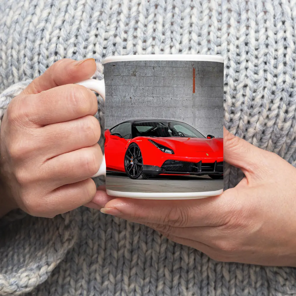 Ferrari 488 GTB Red Against Concrete Wall – Mugs