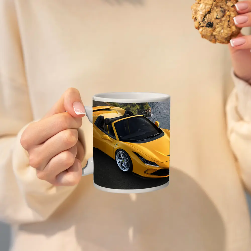 Ferrari F8 Spider Yellow Coastal Cliffside View – Mugs