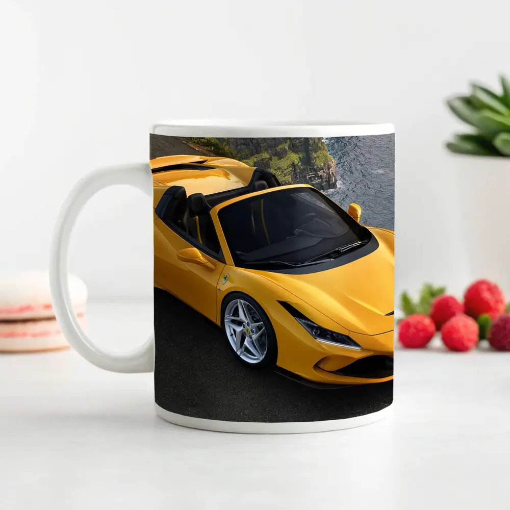 Ferrari F8 Spider Yellow Coastal Cliffside View – Mugs