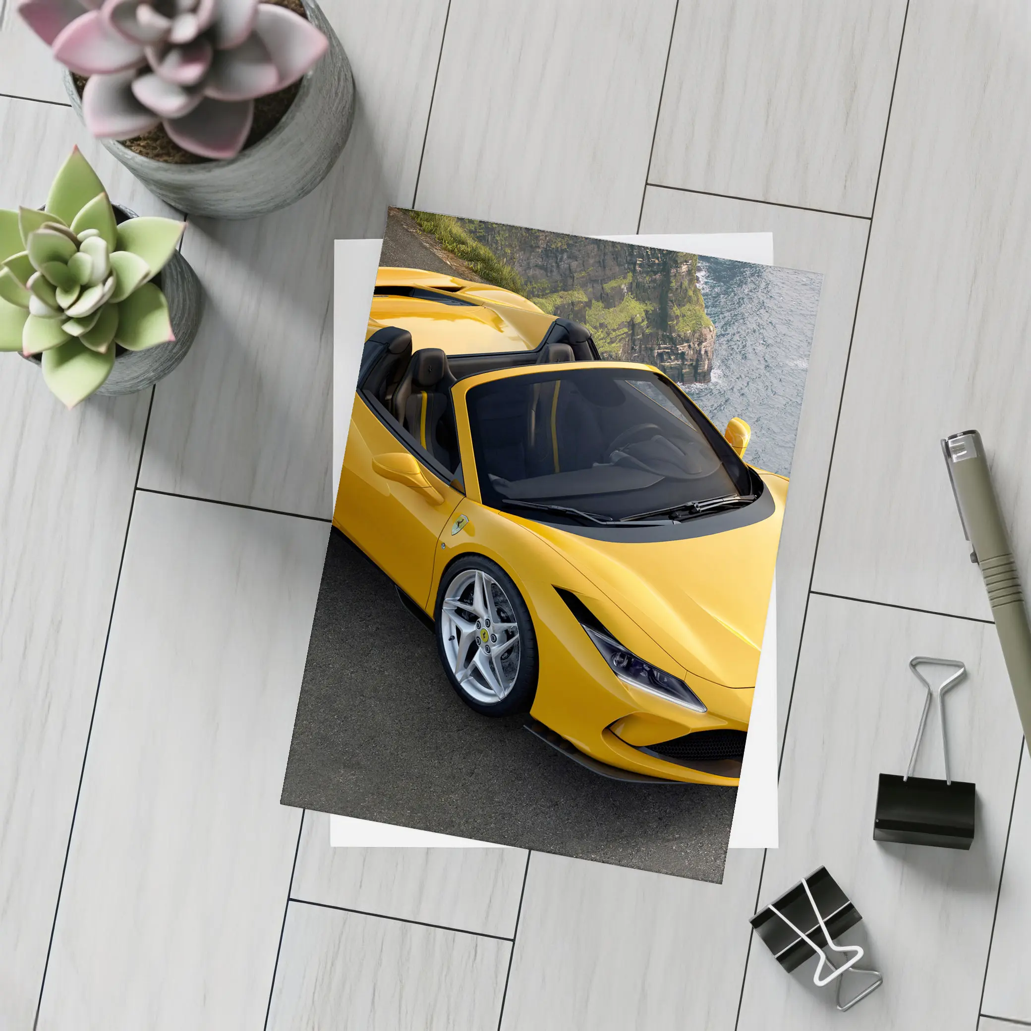 Ferrari F8 Spider Yellow Coastal Cliffside View – Postcards