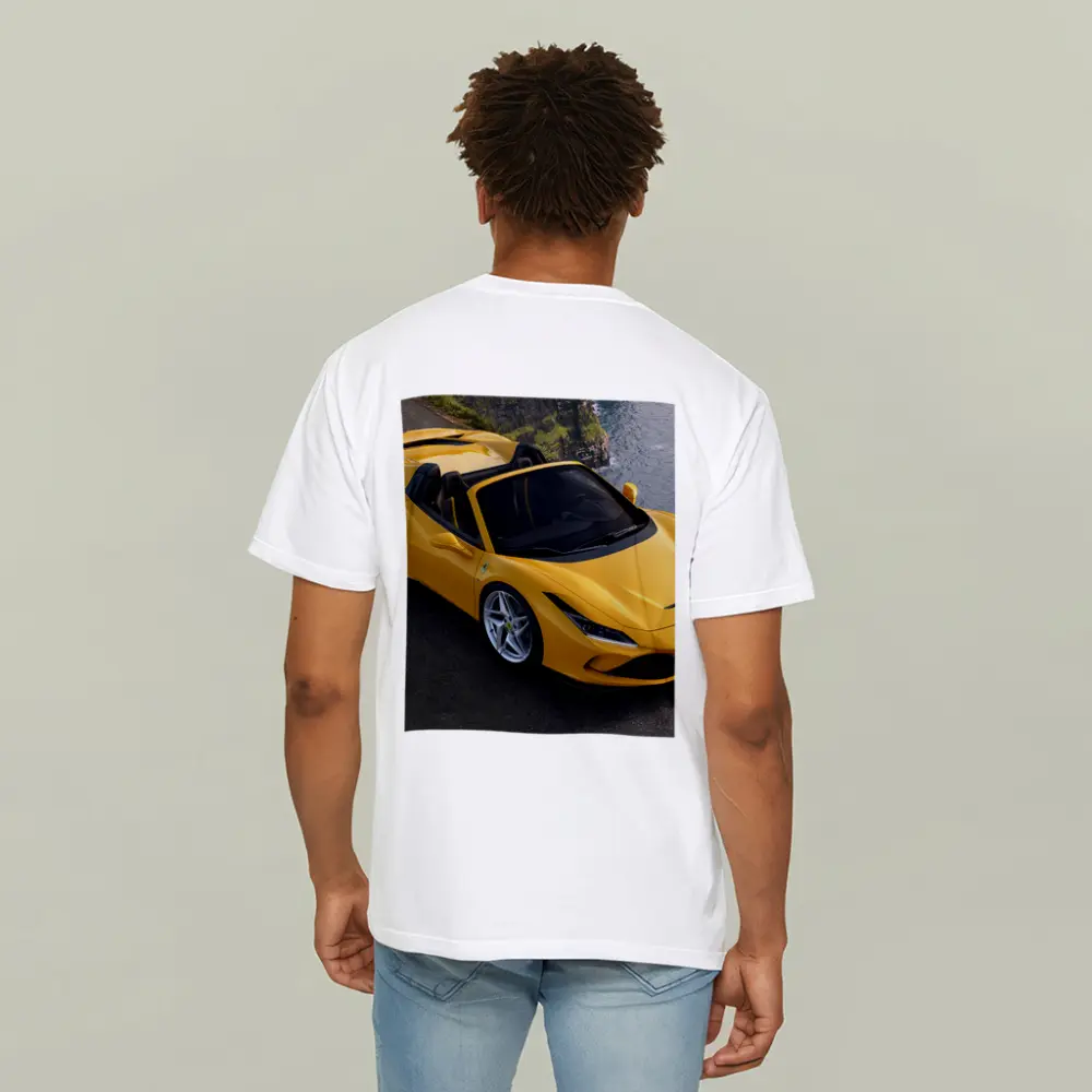 Ferrari F8 Spider Yellow Coastal Cliffside View – T-Shirts