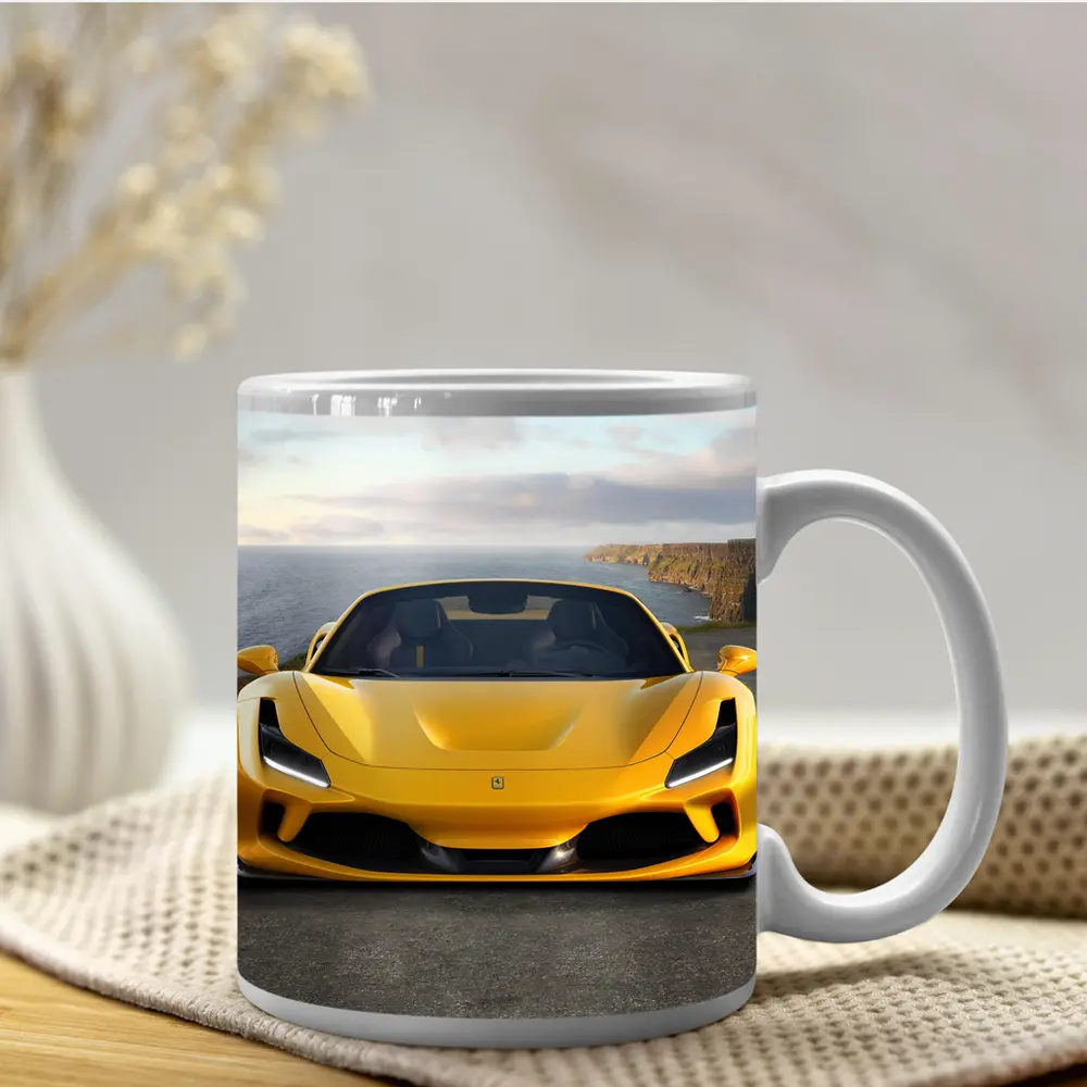 Ferrari F8 Yellow Coastal Cliffside Front View – Mugs