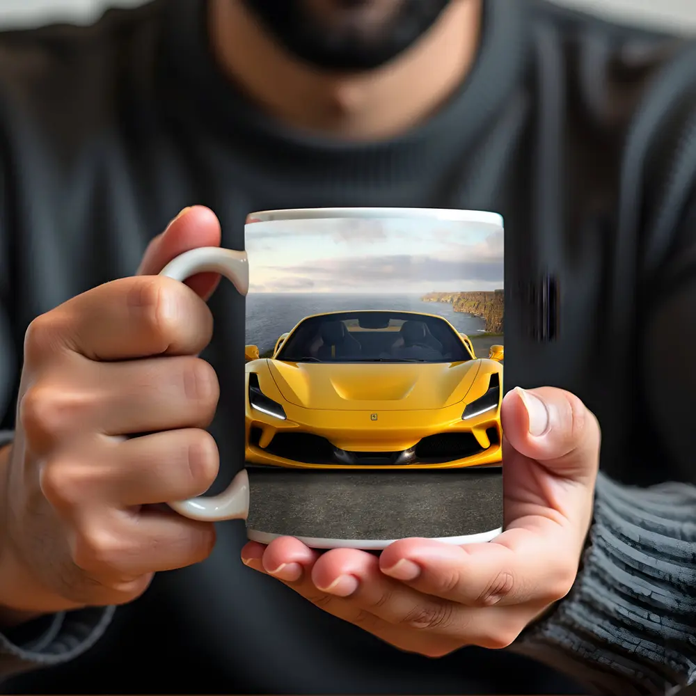 Ferrari F8 Yellow Coastal Cliffside Front View – Mugs