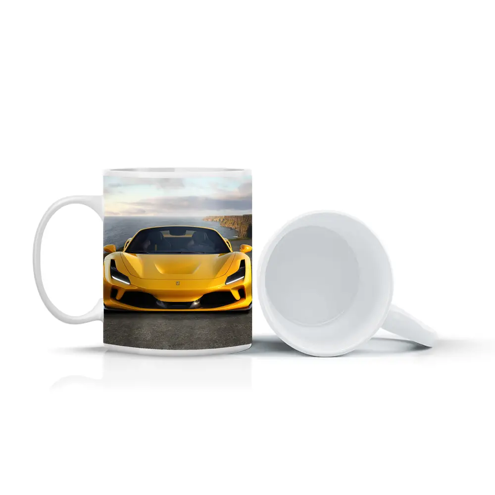 Ferrari F8 Yellow Coastal Cliffside Front View – Mugs