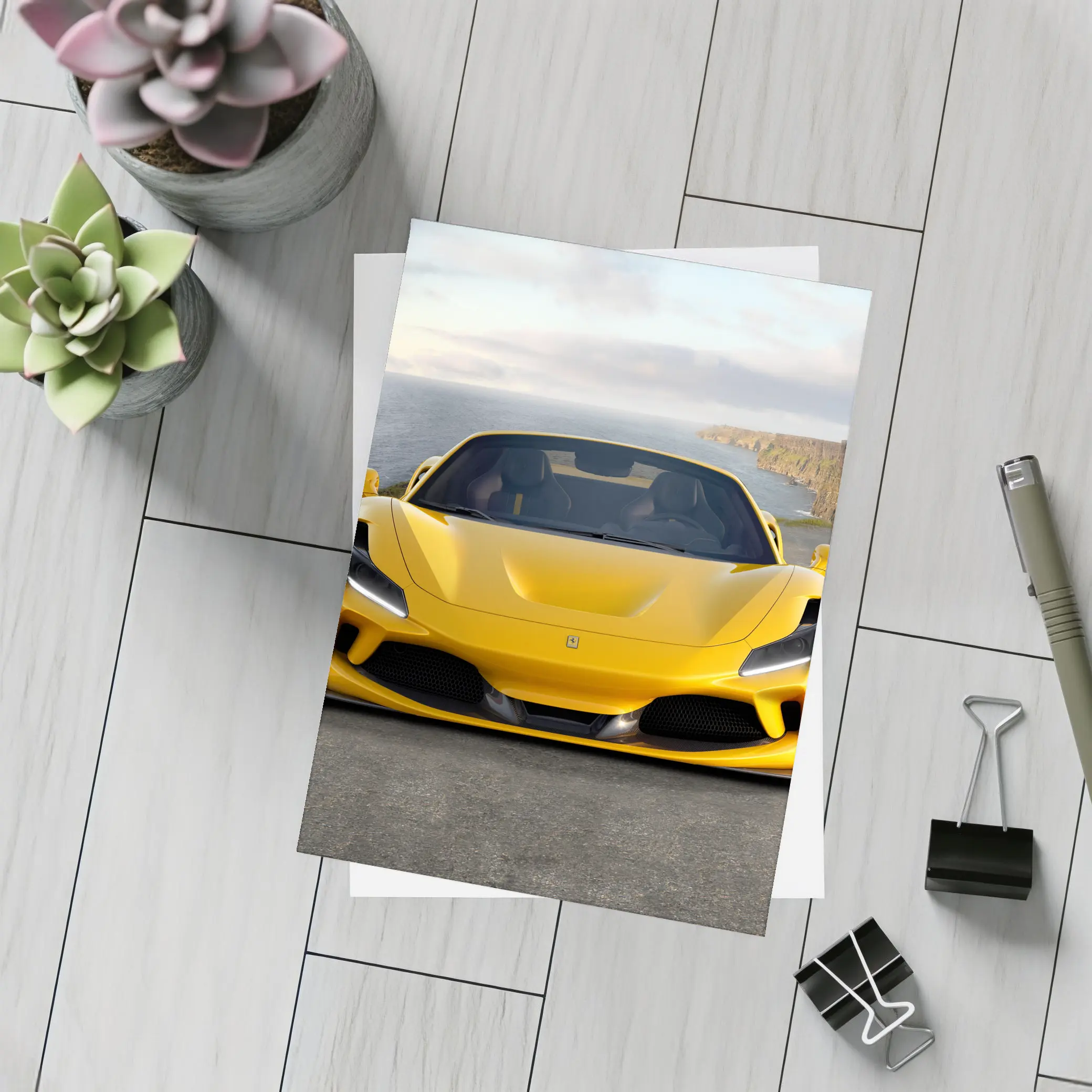 Ferrari F8 Yellow Coastal Cliffside Front View – Postcards