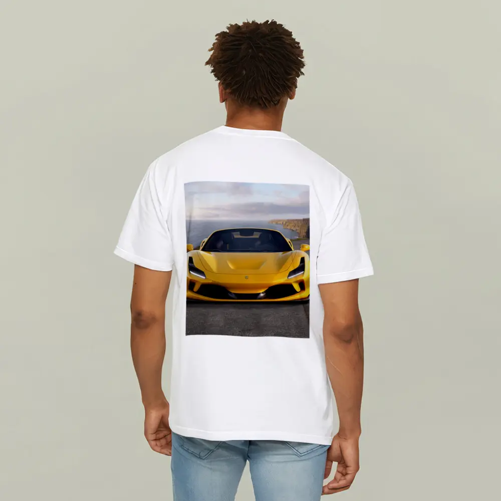 Ferrari F8 Yellow Coastal Cliffside Front View – T-Shirts