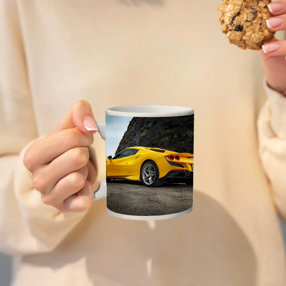 Ferrari F8 Yellow Supercar Rocky Coastal Road – Mugs