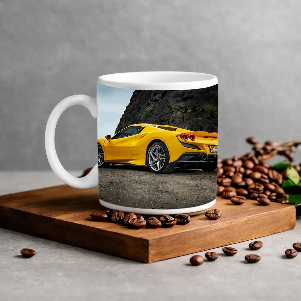 Ferrari F8 Yellow Supercar Rocky Coastal Road – Mugs