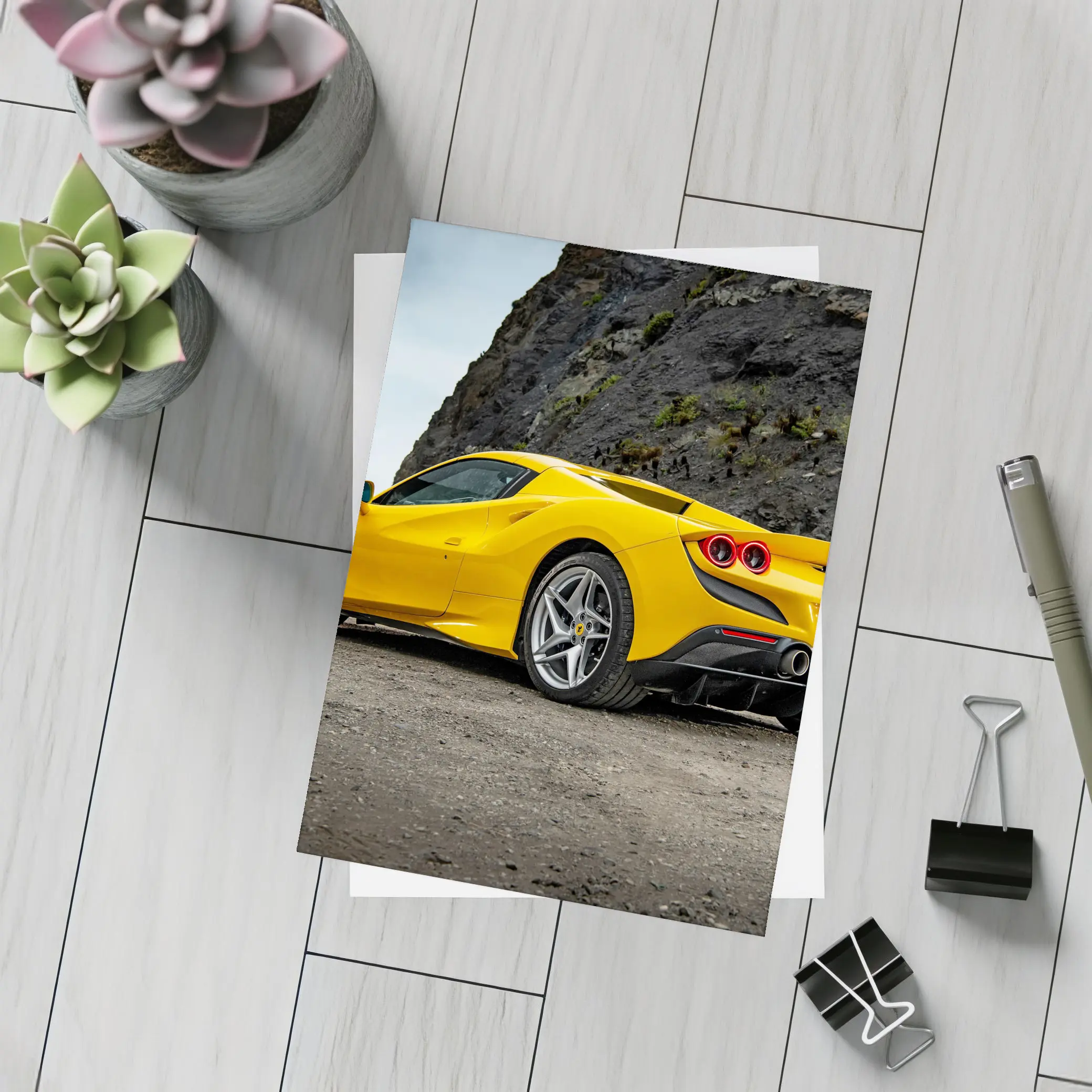 Ferrari F8 Yellow Supercar Rocky Coastal Road – Postcards