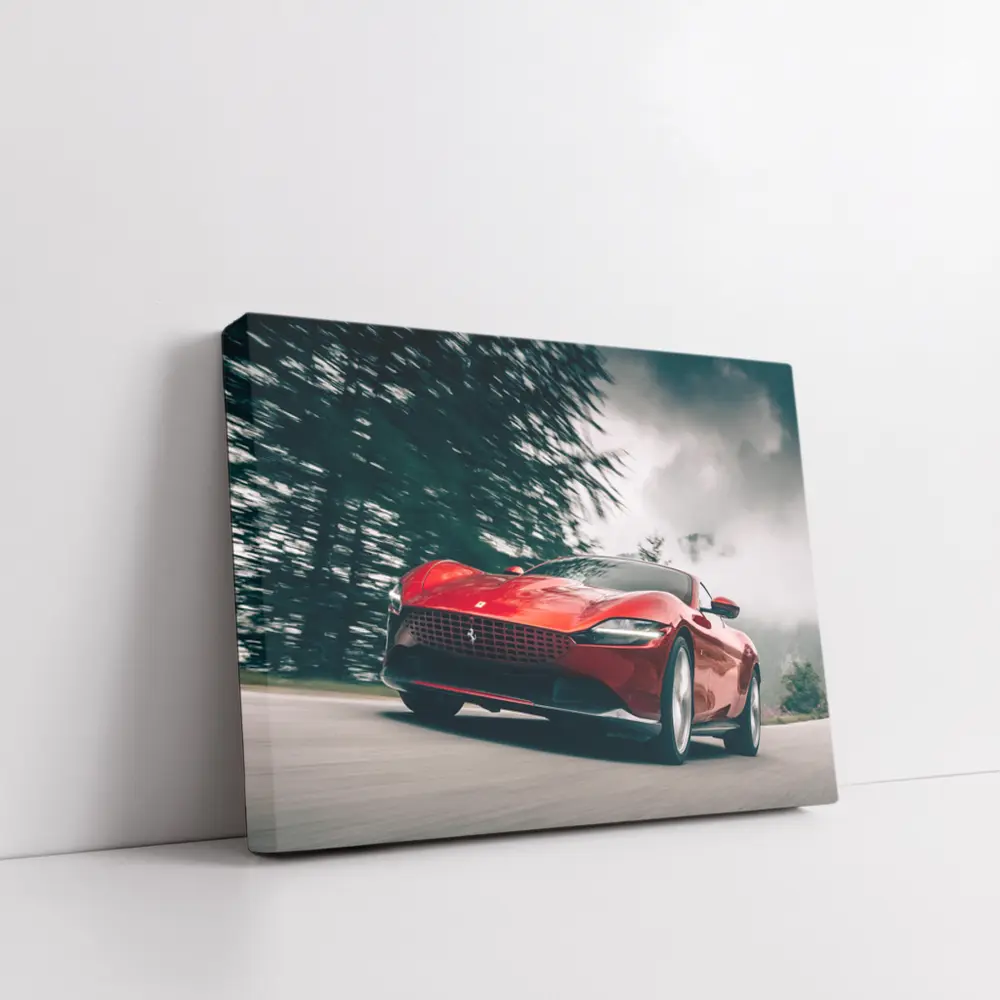 Ferrari Roma Red Sports Car Forest Road – Wall Art