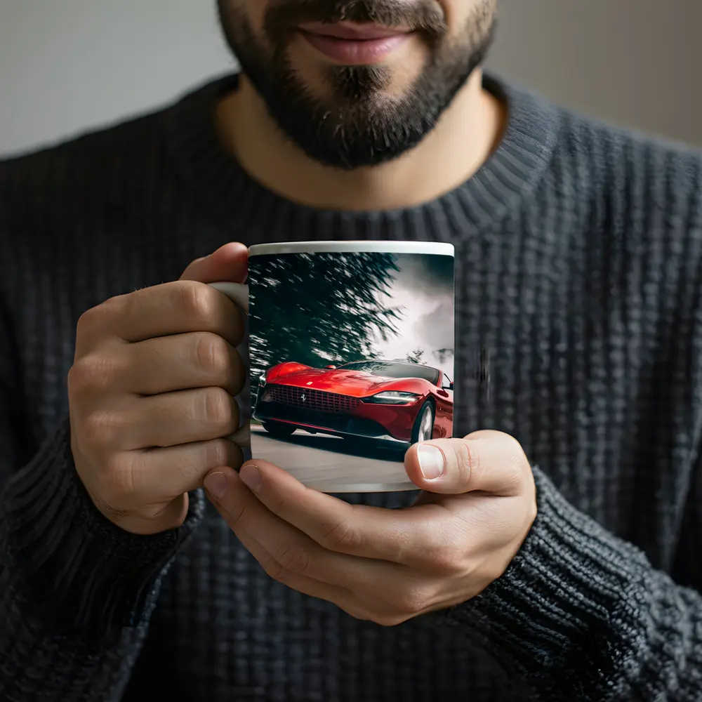 Ferrari Roma Red Sports Car Forest Road – Mugs