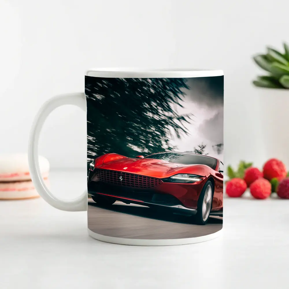 Ferrari Roma Red Sports Car Forest Road – Mugs