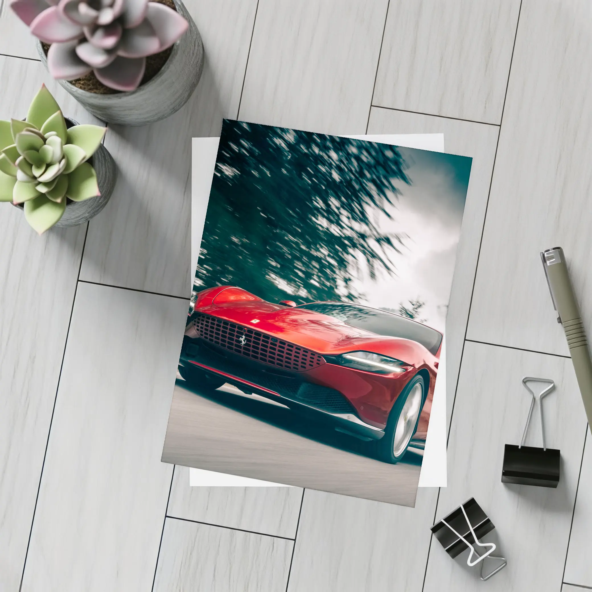 Ferrari Roma Red Sports Car Forest Road – Postcards
