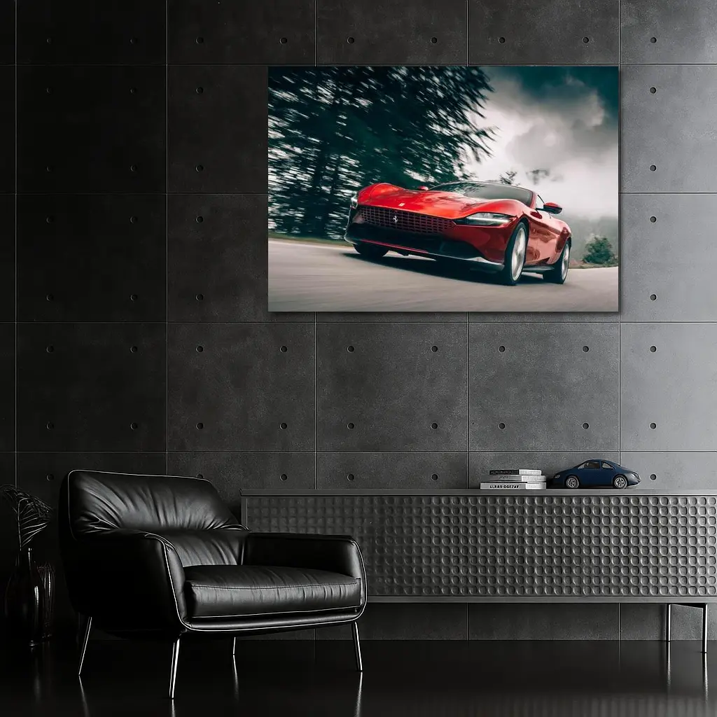 Ferrari Roma Red Sports Car Forest Road – Wall Art