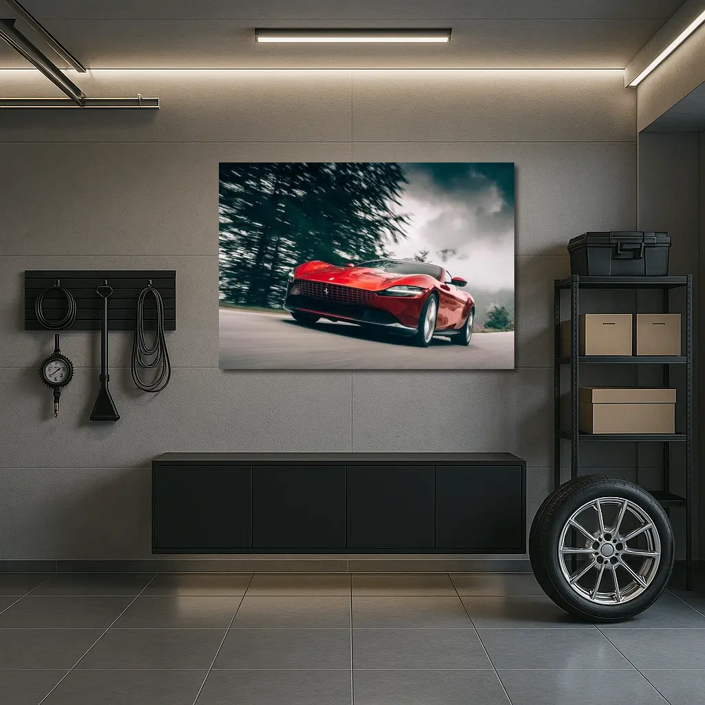 Ferrari Roma Red Sports Car Forest Road – Wall Art