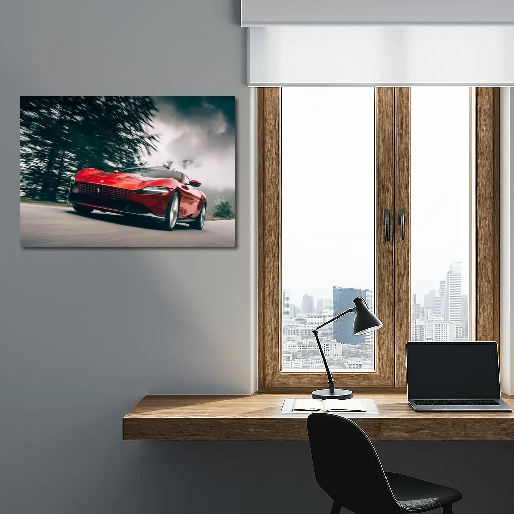 Ferrari Roma Red Sports Car Forest Road – Wall Art
