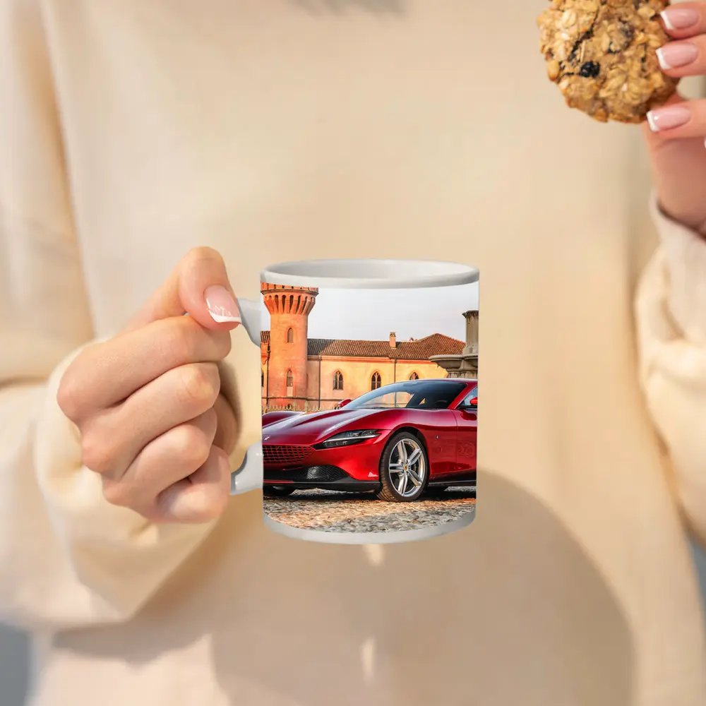 Ferrari Roma Red Supercar Castle Backdrop – Mugs