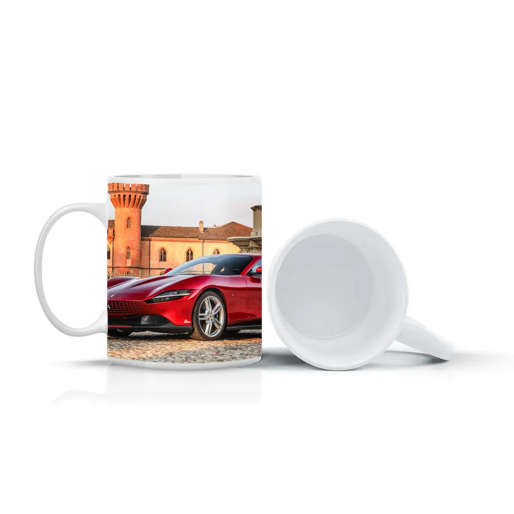 Ferrari Roma Red Supercar Castle Backdrop – Mugs