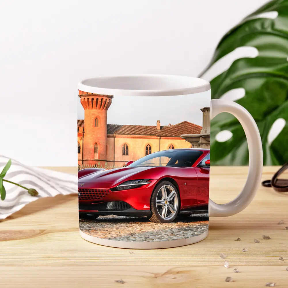 Ferrari Roma Red Supercar Castle Backdrop – Mugs