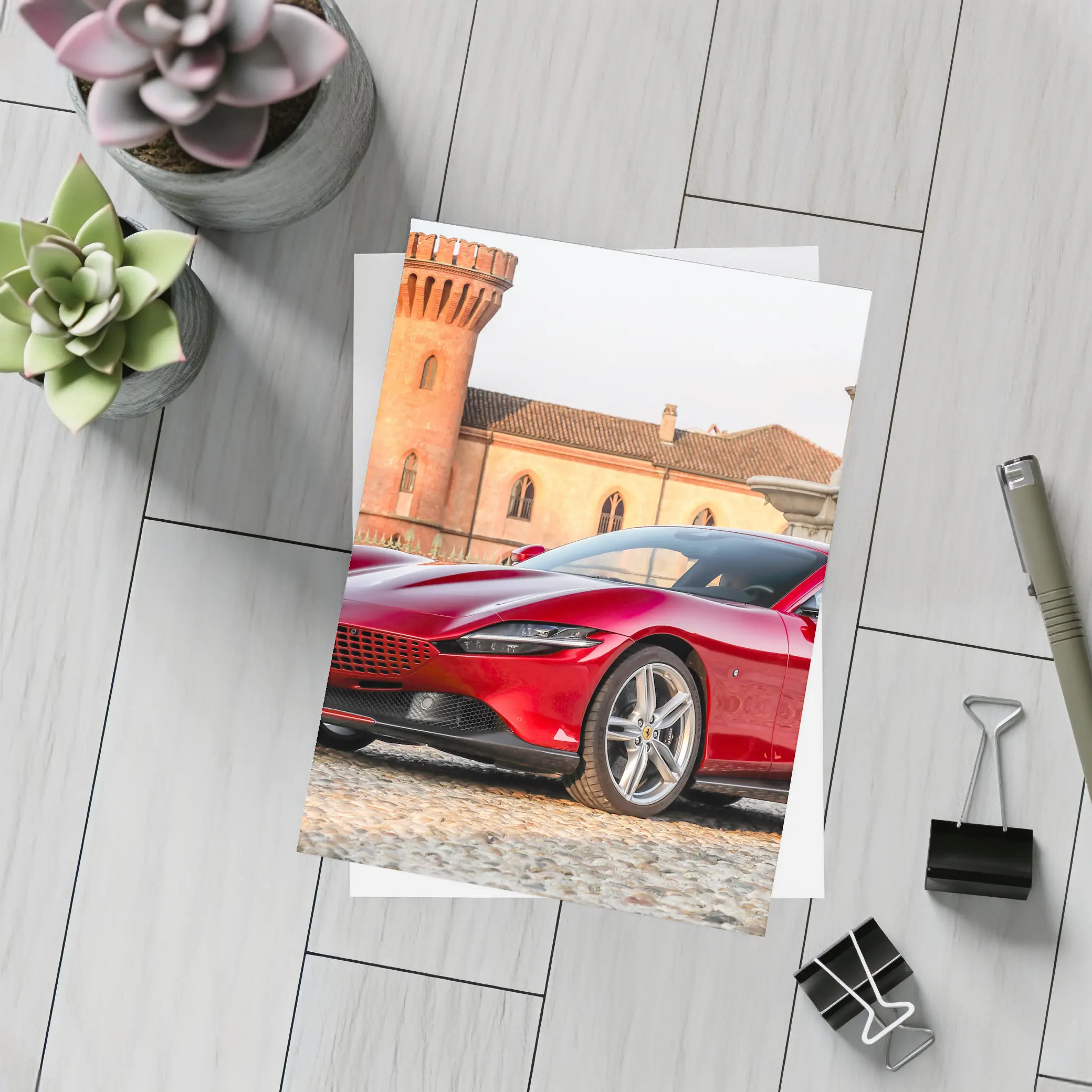 Ferrari Roma Red Supercar Castle Backdrop – Postcards